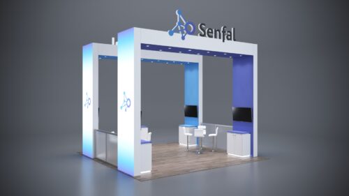 20x20 modular trade show exhibits with integrated storage and custom product areas.