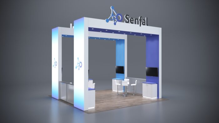 20x20 modular trade show exhibits with integrated storage and custom product areas.