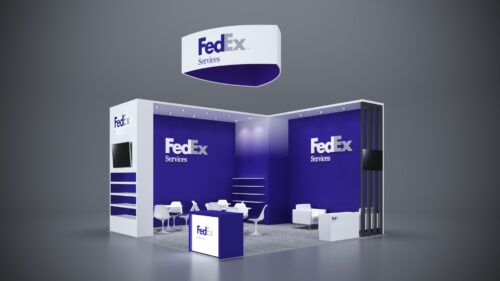 20x20 modular trade show exhibits with product showcasing areas and custom branding.