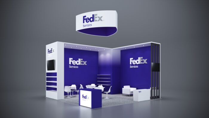 20x20 modular trade show exhibits with product showcasing areas and custom branding.