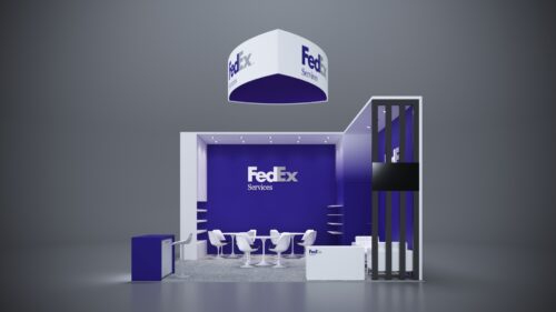 20x20 modular trade show exhibits with clean, modern counters and high-tech features.
