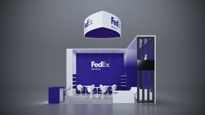 20x20 modular trade show exhibits with clean, modern counters and high-tech features.