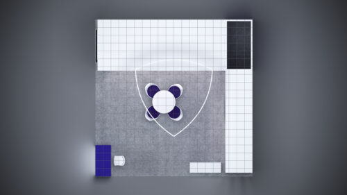 20x20 modular trade show exhibits with modern design and integrated storage.