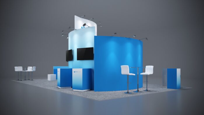 20x40 custom trade show booth with sleek counters, LED lighting, and product display areas.