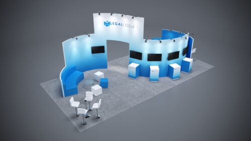 20x40 trade show booth with large-scale graphics, dynamic lighting, and flexible product showcases.