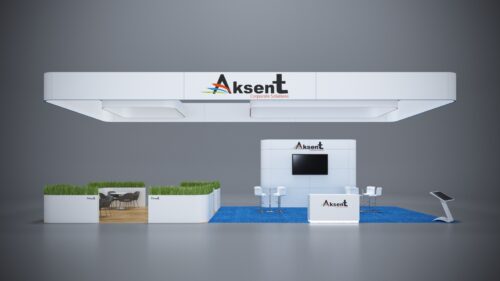 20x50 custom trade show exhibit with premium materials, custom counters, and modern lighting features.