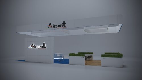 20x50 trade show booth with modular design, modern lighting, and interactive display zones.