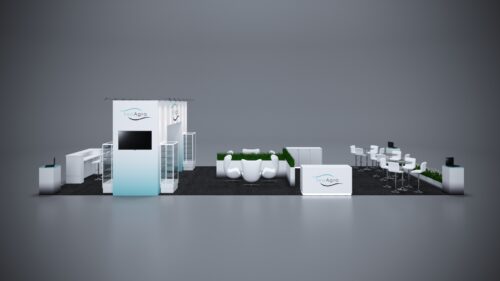 20x50 custom trade show booth with product display counters and interactive technology integration.