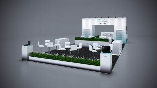 20x50 trade show booth with LED lighting, flexible configurations, and customizable graphics.