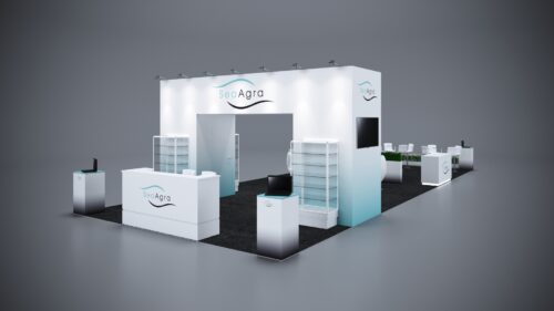 20x50 trade show exhibit with wide layout, customizable branding, and interactive display areas.