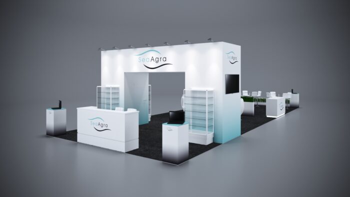 20x50 trade show exhibit with wide layout, customizable branding, and interactive display areas.