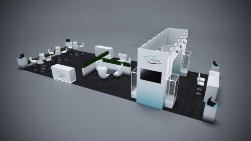 20x50 custom trade show booth with spacious design, interactive elements, and premium finishes.