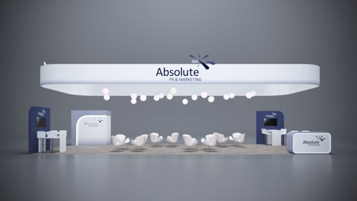 20x50 trade show exhibit with modern counters, high-end graphics, and tech integration.