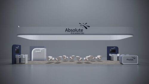 20x50 trade show booth with integrated technology, storage solutions, and sleek product displays.