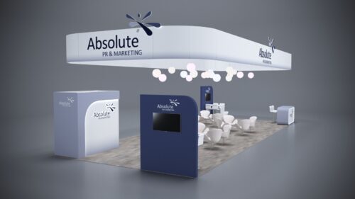 20x50 custom trade show booth with interactive features, branding solutions, and custom counters.