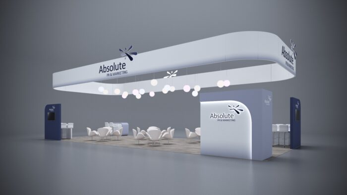 20x50 trade show exhibit with expansive graphics, LED-lit features, and product display counters.