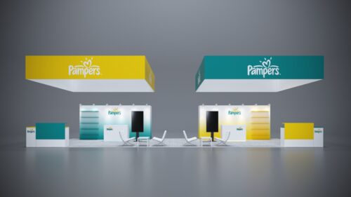 20x50 trade show exhibit with integrated technology, sleek counters, and engaging presentations.