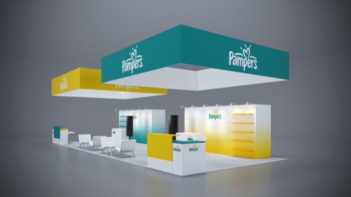 20x50 trade show booth with ample storage space, innovative design, and LED lighting.