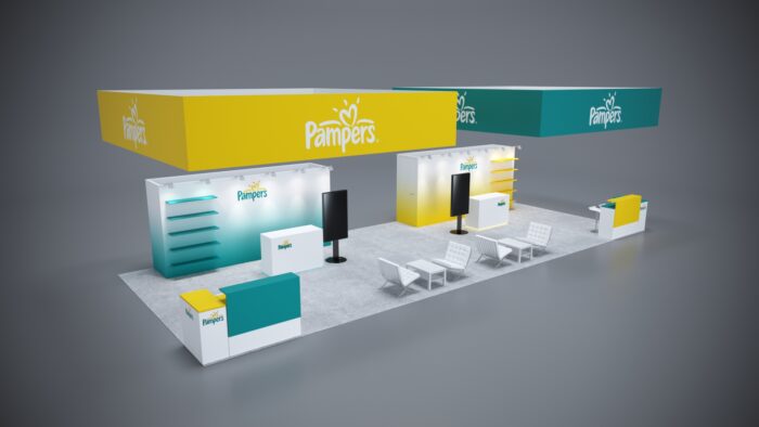 20x50 trade show booth with spacious product display areas and dynamic, high-quality graphics.