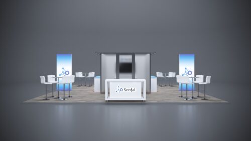 30x30 custom trade show booth featuring interactive displays, sleek counters, and modern design.