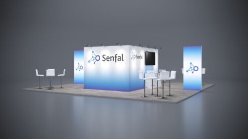 30x30 trade show booth with modern design, custom graphics, and interactive presentation zones.
