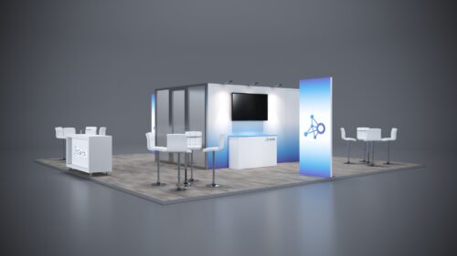 30x30 trade show exhibit with wide layout, LED lighting, and ample product display areas.