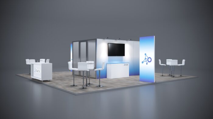 30x30 trade show exhibit with wide layout, LED lighting, and ample product display areas.