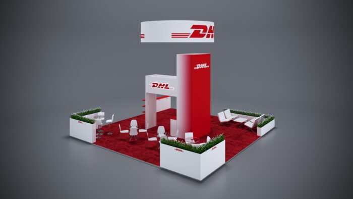 30x30 trade show exhibit with large product display areas, high-quality graphics, and LED lighting.