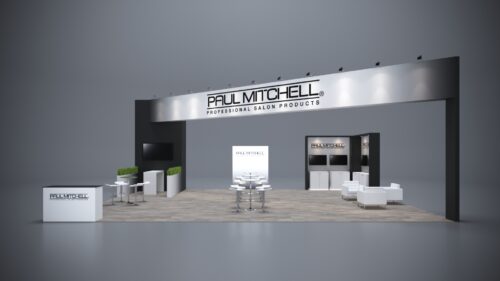 30x40 trade show exhibit with expansive layout, LED lighting, and interactive product displays.