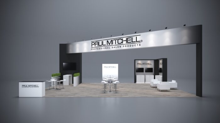 30x40 trade show exhibit with expansive layout, LED lighting, and interactive product displays.