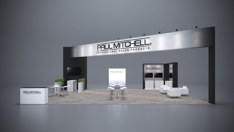 30x40 trade show exhibit with expansive layout, LED lighting, and interactive product displays.