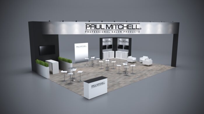 30x40 custom trade show booth with modern counters, integrated technology, and large-scale graphics.