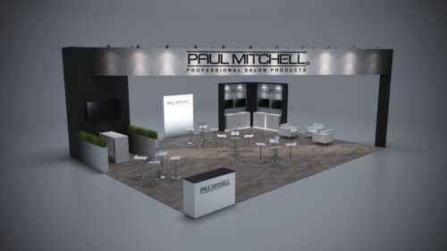 30x40 trade show exhibit with spacious layout, interactive product areas, and custom storage.