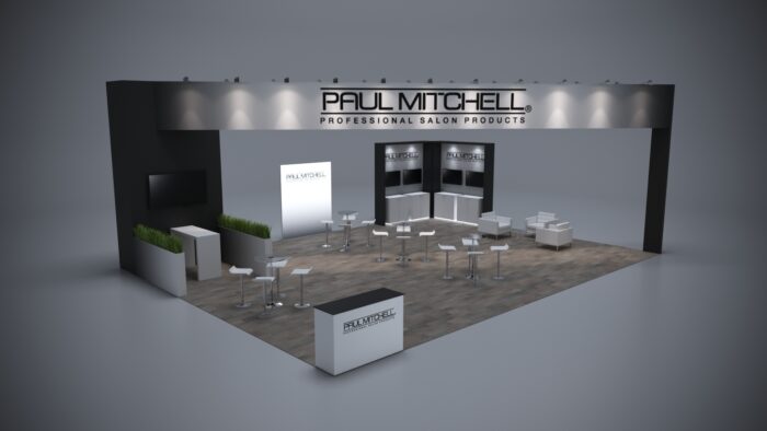 30x40 trade show exhibit with spacious layout, interactive product areas, and custom storage.