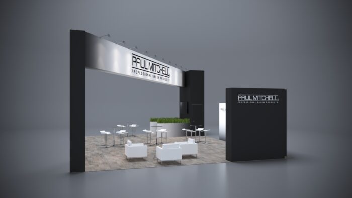 30x40 trade show booth featuring innovative design, LED lighting, and modular product display areas.