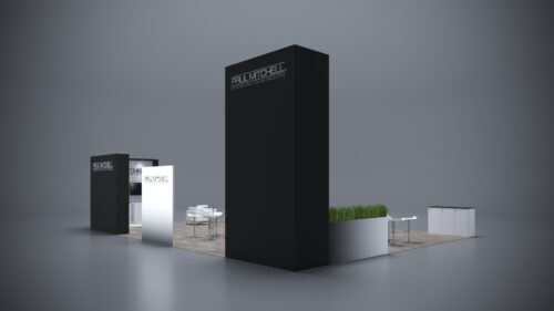 30x40 custom trade show exhibit with tech integration, custom counters, and expansive graphics.