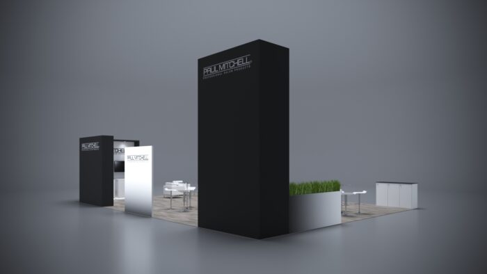 30x40 custom trade show exhibit with tech integration, custom counters, and expansive graphics.