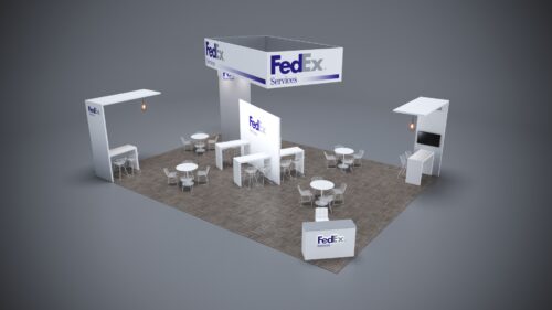 30x40 trade show exhibit with interactive features, LED-lit elements, and high-end design.