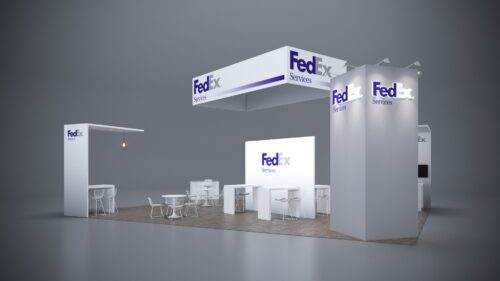 30x40 trade show exhibit with large product display areas, sleek counters, and interactive screens.