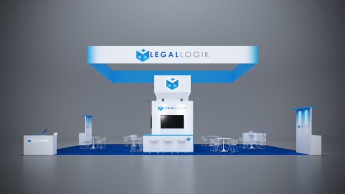 30x50 trade show exhibit with modular design elements, LED lighting, and custom counters.