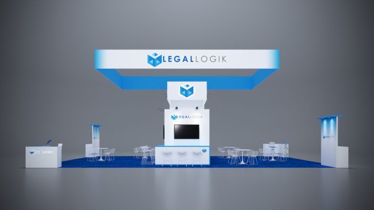 30x50 trade show exhibit with modular design elements, LED lighting, and custom counters.