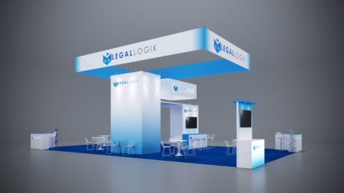 30x50 custom trade show booth with expansive display spaces, tech integration, and sleek counters.