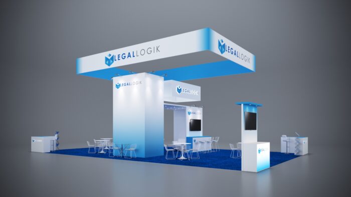 30x50 custom trade show booth with expansive display spaces, tech integration, and sleek counters.