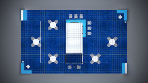 30x50 trade show booth with large custom graphics, integrated storage, and engaging presentation areas.