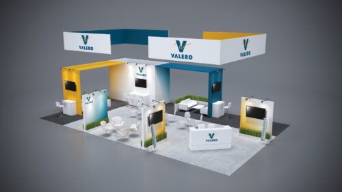 30x50 custom trade show booth with expansive branding, interactive screens, and versatile layout.