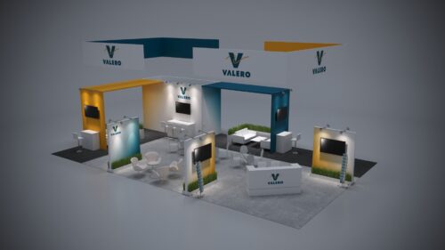 30x50 trade show exhibit with immersive product displays, modern counters, and tech integration.