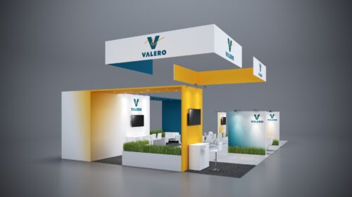 30x50 custom trade show booth with high-end materials, interactive zones, and LED lighting.