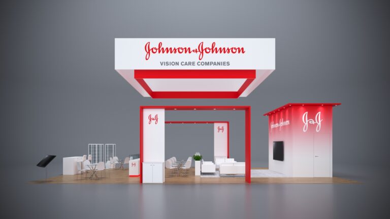 30x50 custom trade show booth featuring high-tech features, lighting, and branding solutions.