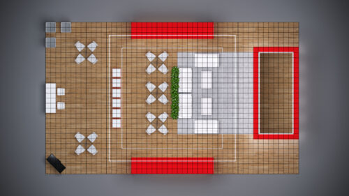 30x50 trade show booth with sleek counters, built-in storage, and cutting-edge technology.
