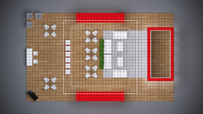 30x50 trade show booth with sleek counters, built-in storage, and cutting-edge technology.